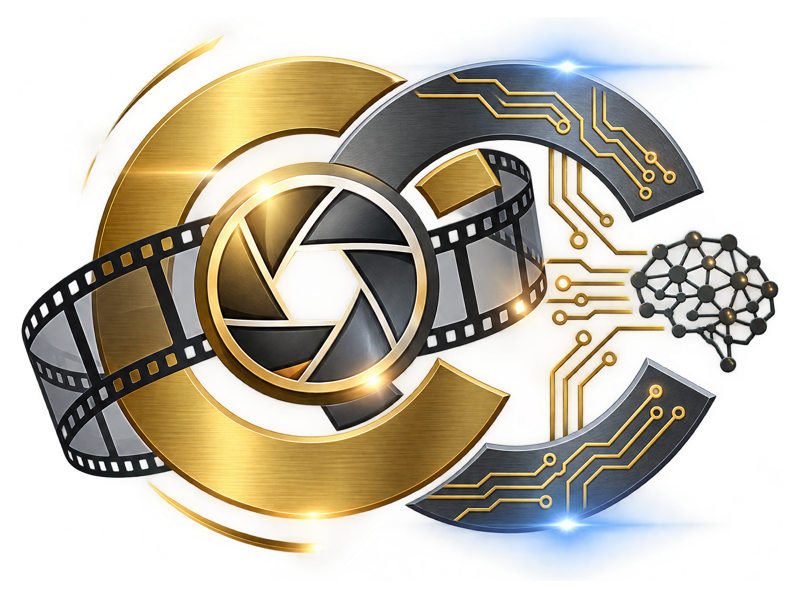 Carrero Consultings emblem: two interlocking C letters with a film strip, camera lens and circuit brain